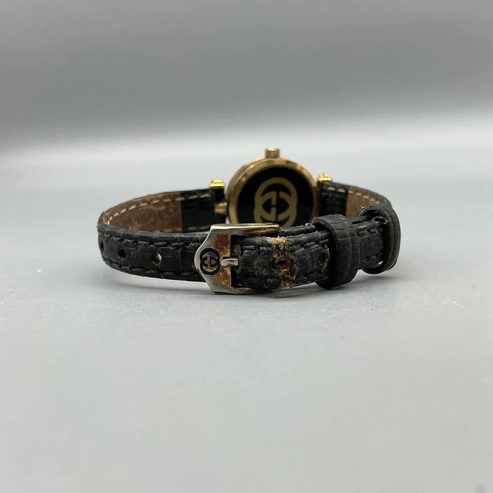 Vintage Gucci Womens Watch 22mm Black Dial Gold Tone Leather Swiss New Battery